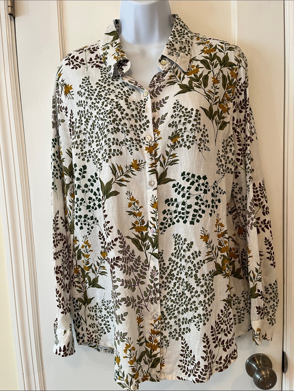 Cynthia Rowley Linen Button-Down Shirt Long Women's L Floral Leaf Print Garden
